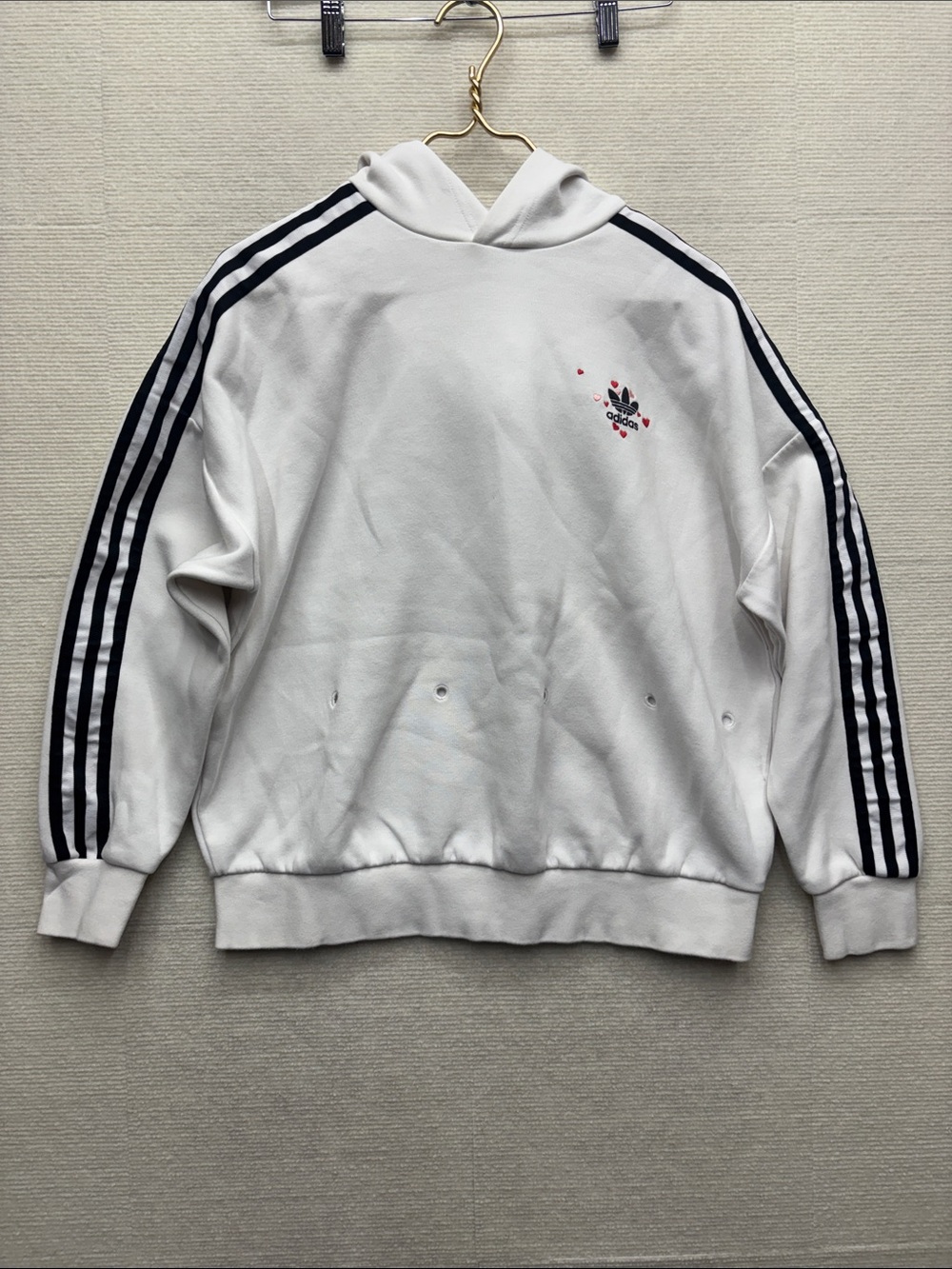 adidas White Hoodie with Black Three-Stripe Sleeves small